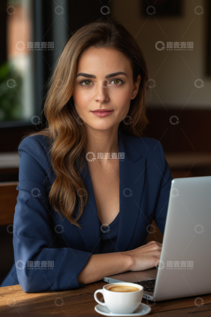 高清大图下载【趣麦麦图】年轻女商人办公喝咖啡场景