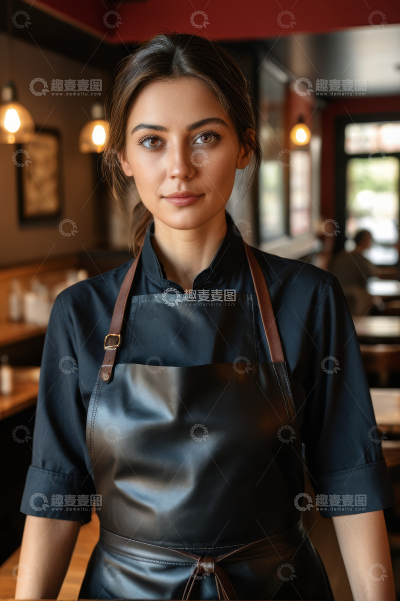 高清大图下载【趣麦麦图】餐厅内穿围裙的年轻女性肖像