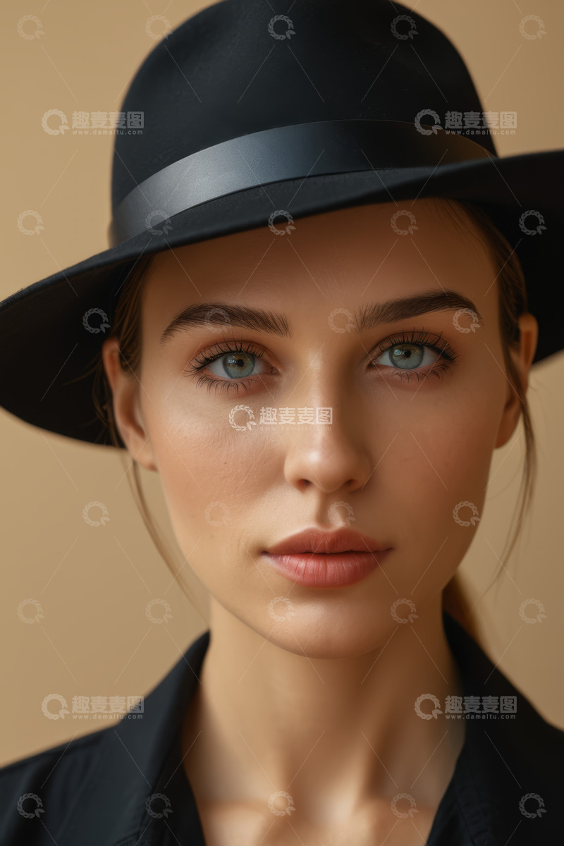 高清大图下载【趣麦麦图】戴黑帽女子的特写肖像