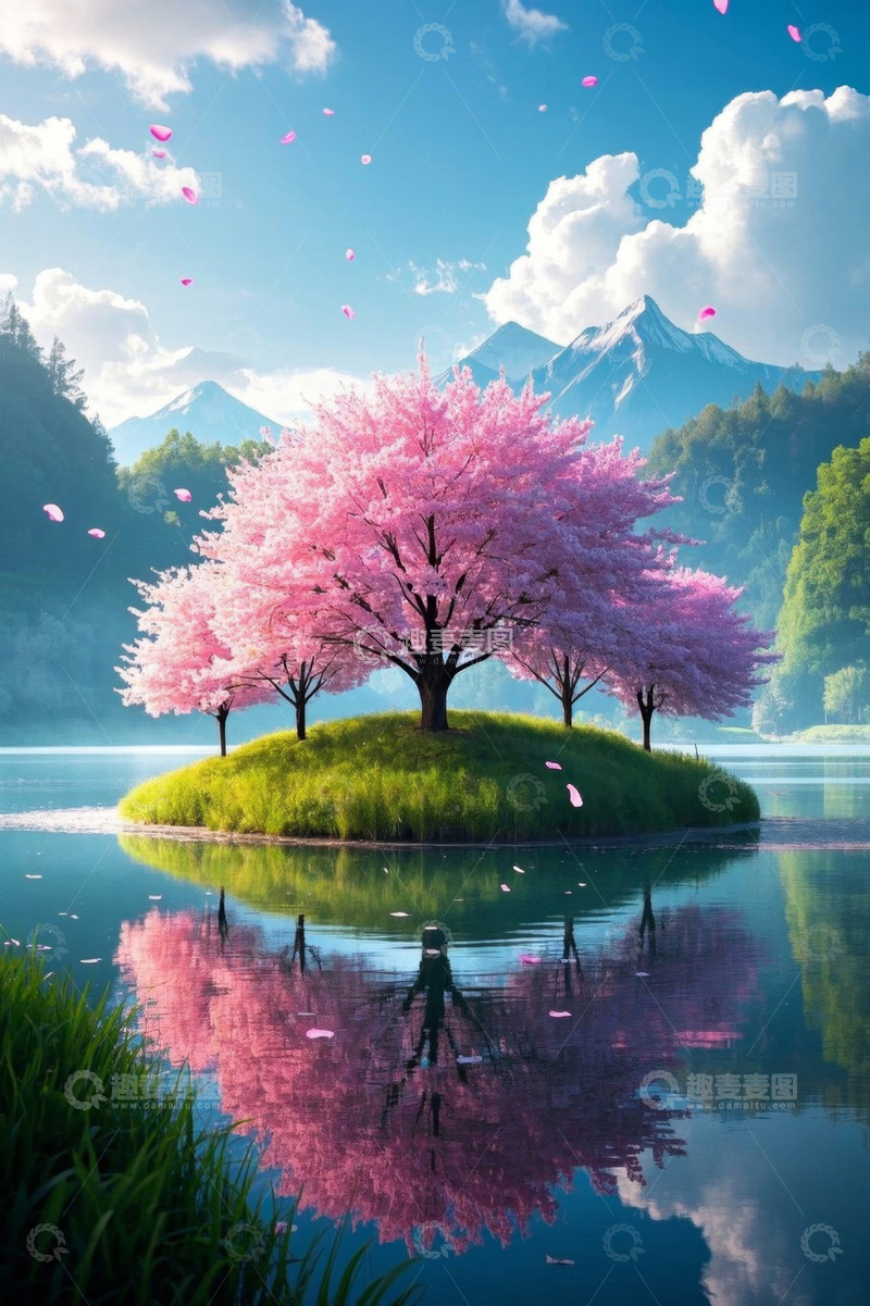 高清大图下载【趣麦麦图】湖心小岛盛开的粉色樱花树