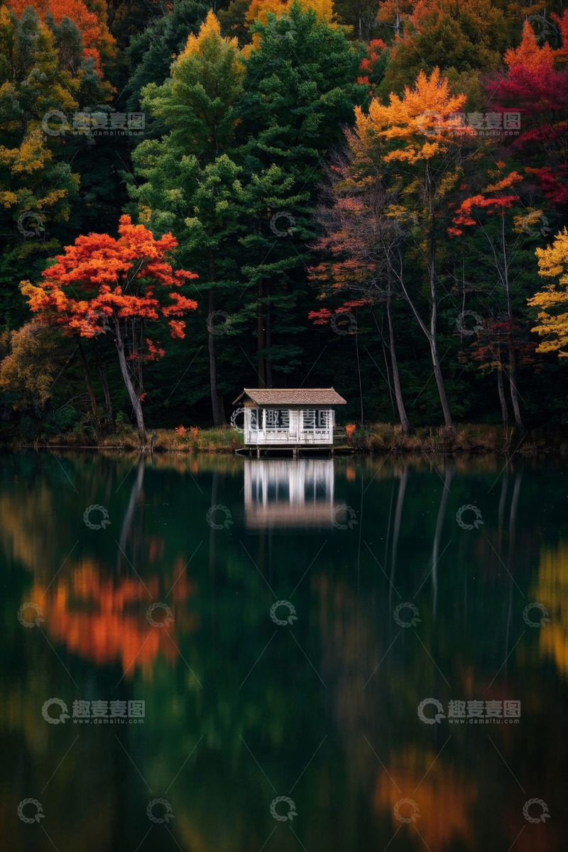 高清大图下载【趣麦麦图】秋日湖畔森林中的小屋