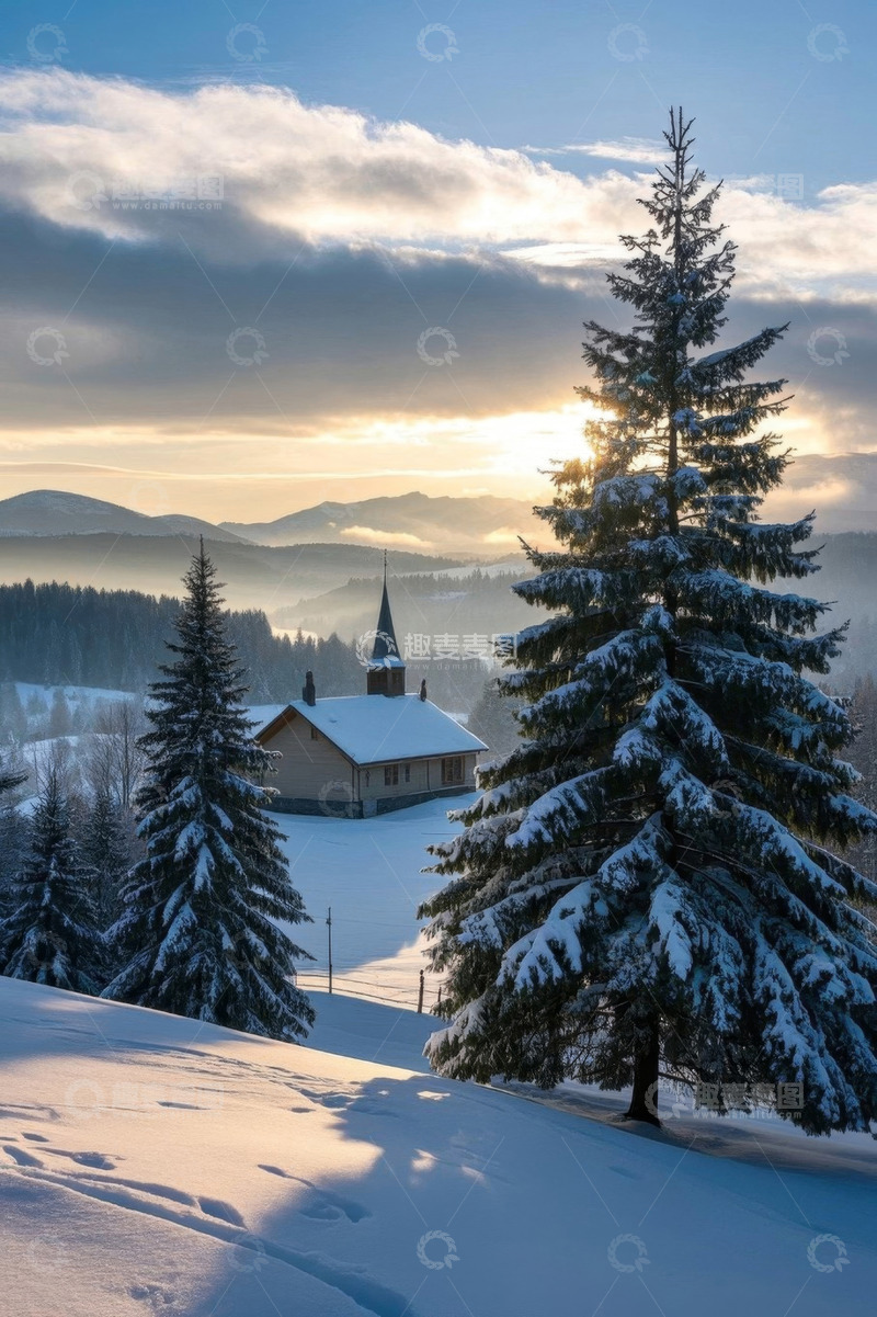 高清大图下载【趣麦麦图】雪后山间小屋与松树风景