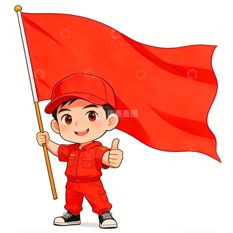 高清大图下载【趣麦麦图】志愿者举着红旗竖起大拇指
