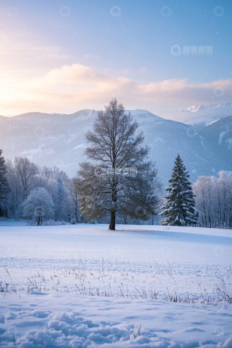 高清大图下载【趣麦麦图】冬日雪野中的孤树与远山
