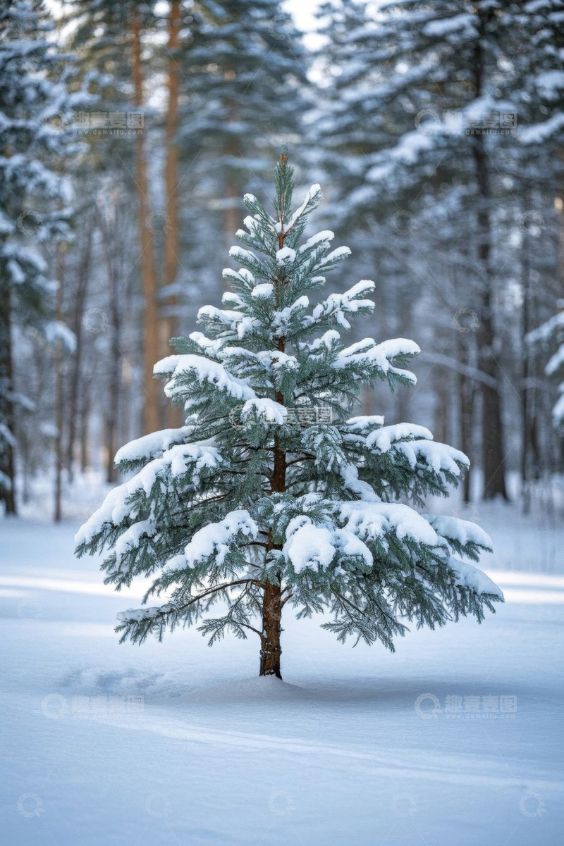 高清大图下载【趣麦麦图】雪后森林中的一棵松树