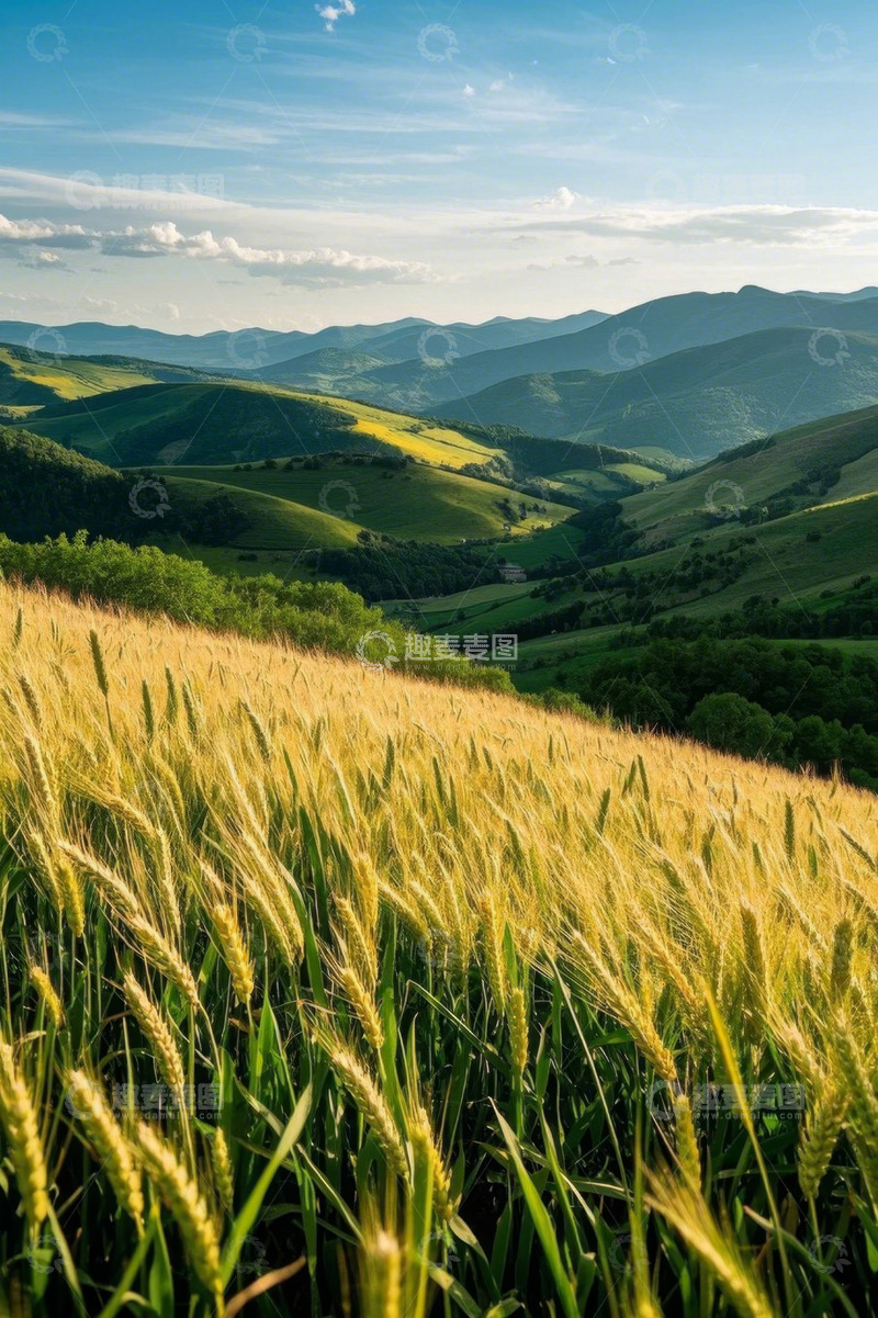 高清大图下载【趣麦麦图】田野麦浪与远处山峦风景
