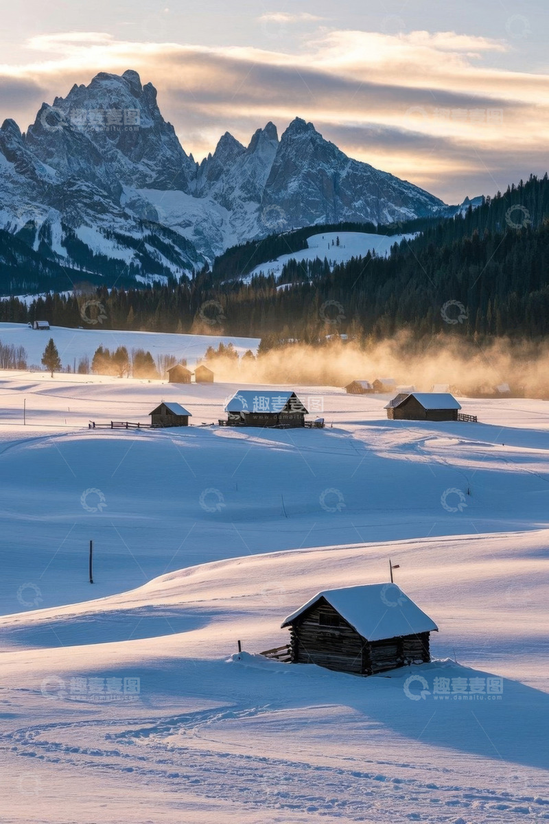 高清大图下载【趣麦麦图】雪山下的雪乡木屋风景
