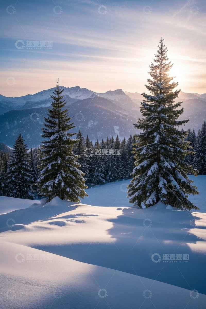 高清大图下载【趣麦麦图】雪后山林阳光照耀风景