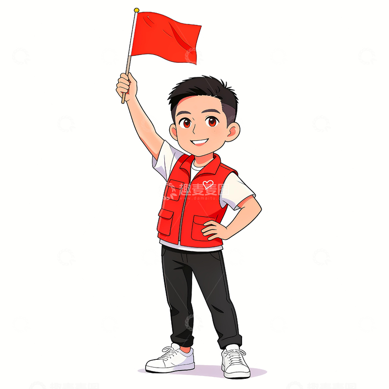 高清大图下载【趣麦麦图】志愿者举着红旗
