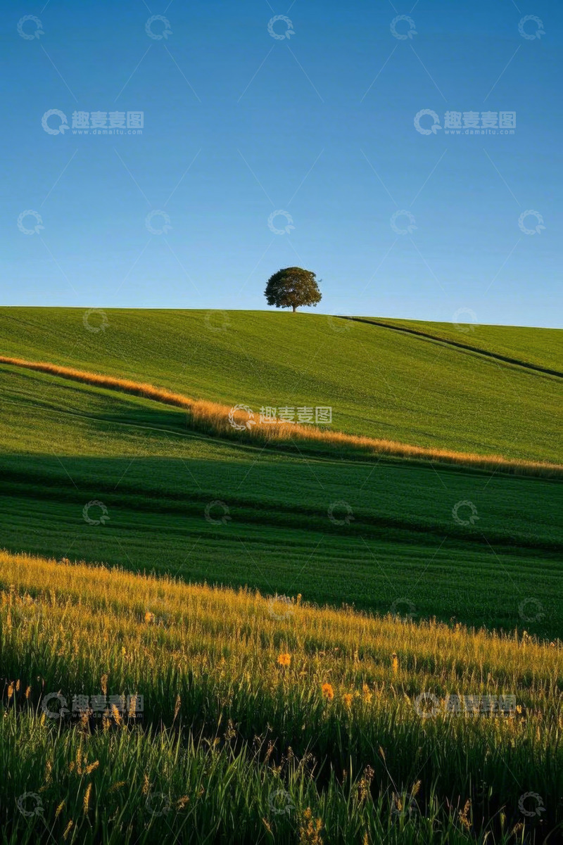 高清大图下载【趣麦麦图】绿色田野上的孤树风景