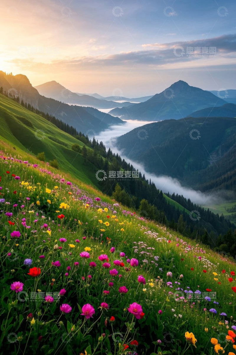 高清大图下载【趣麦麦图】山间花海与晨雾景观