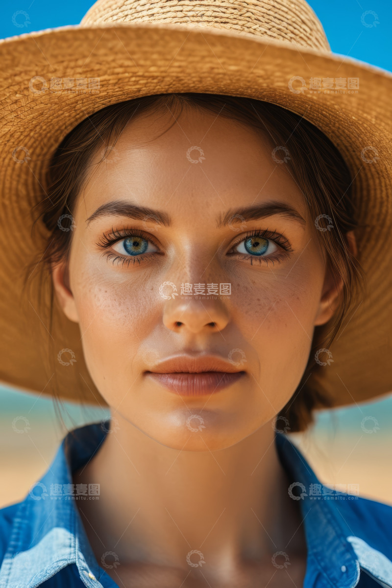 高清大图下载【趣麦麦图】戴草帽的女子面部特写