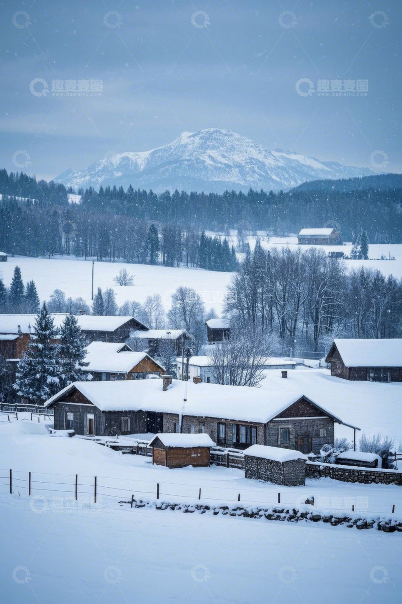 高清大图下载【趣麦麦图】雪覆山村与远山雪景