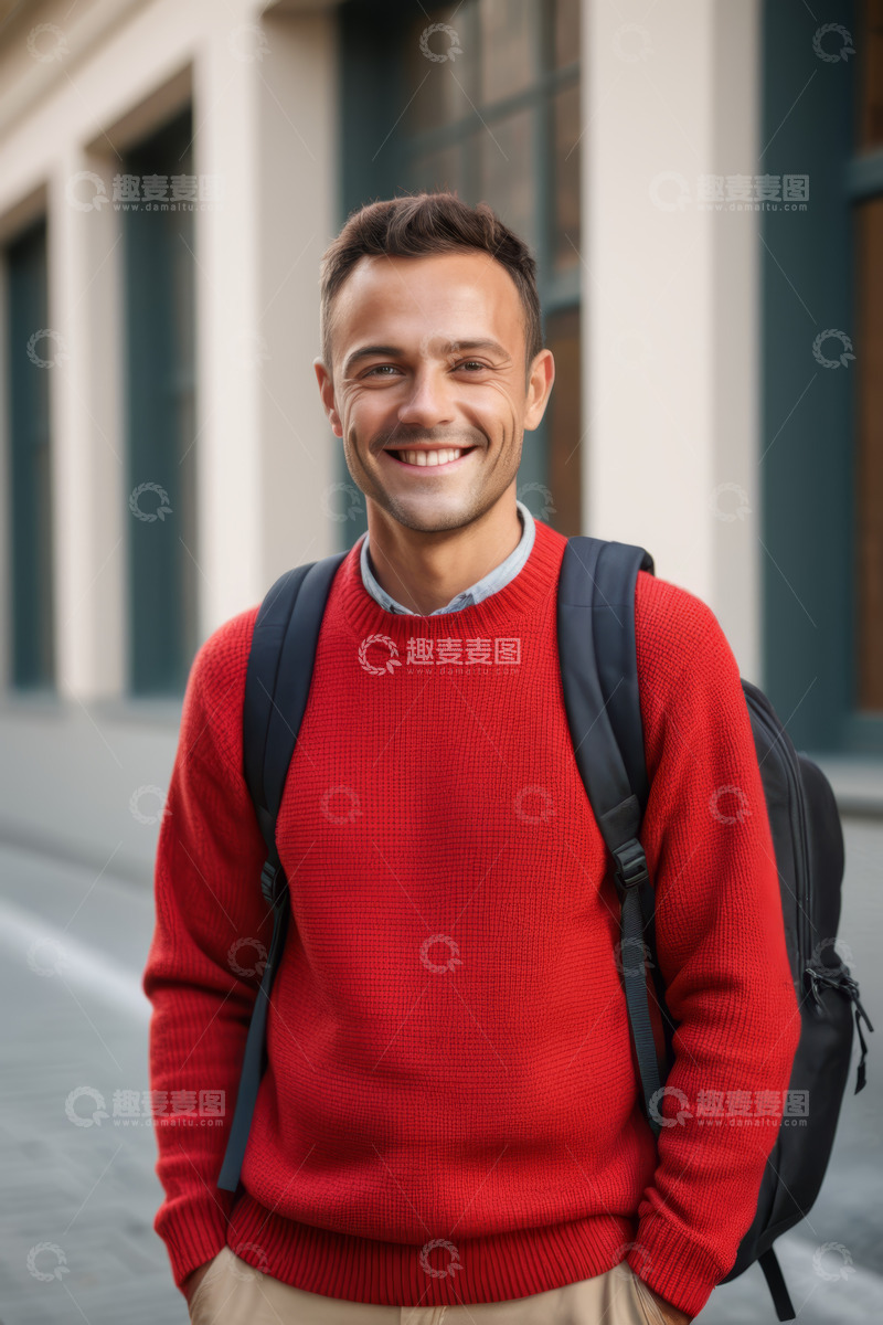 高清大图下载【趣麦麦图】户外微笑的年轻背包男子