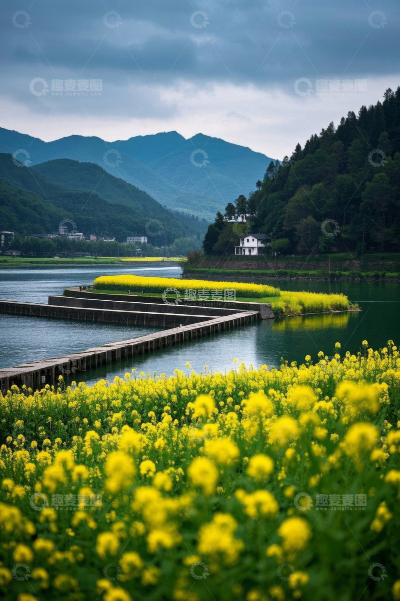 高清大图下载【趣麦麦图】河畔油菜花田与远山风景