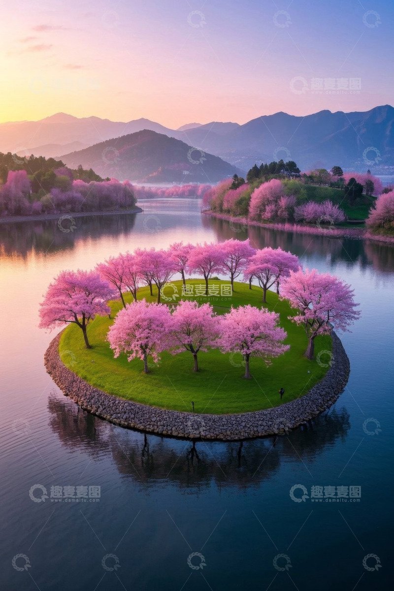 高清大图下载【趣麦麦图】湖心小岛樱花盛开自然风光