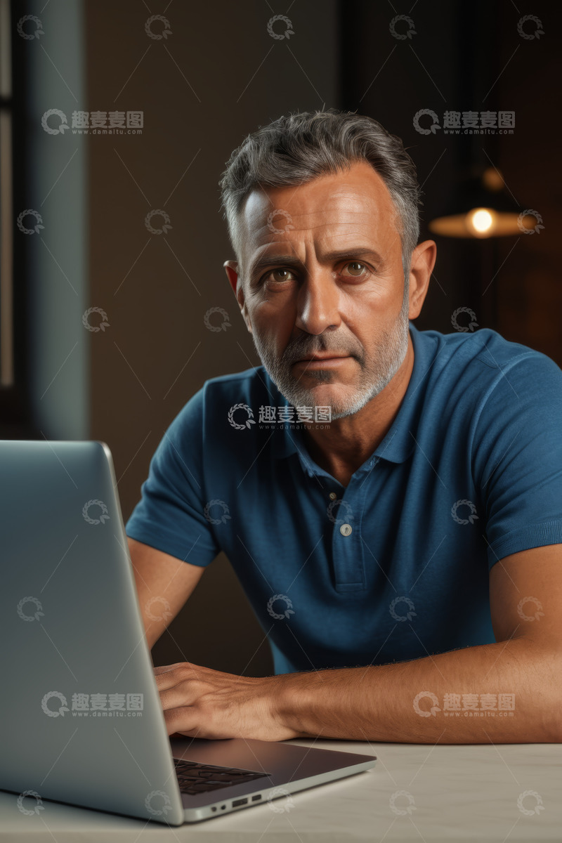 高清大图下载【趣麦麦图】中年男子专注使用笔记本电脑