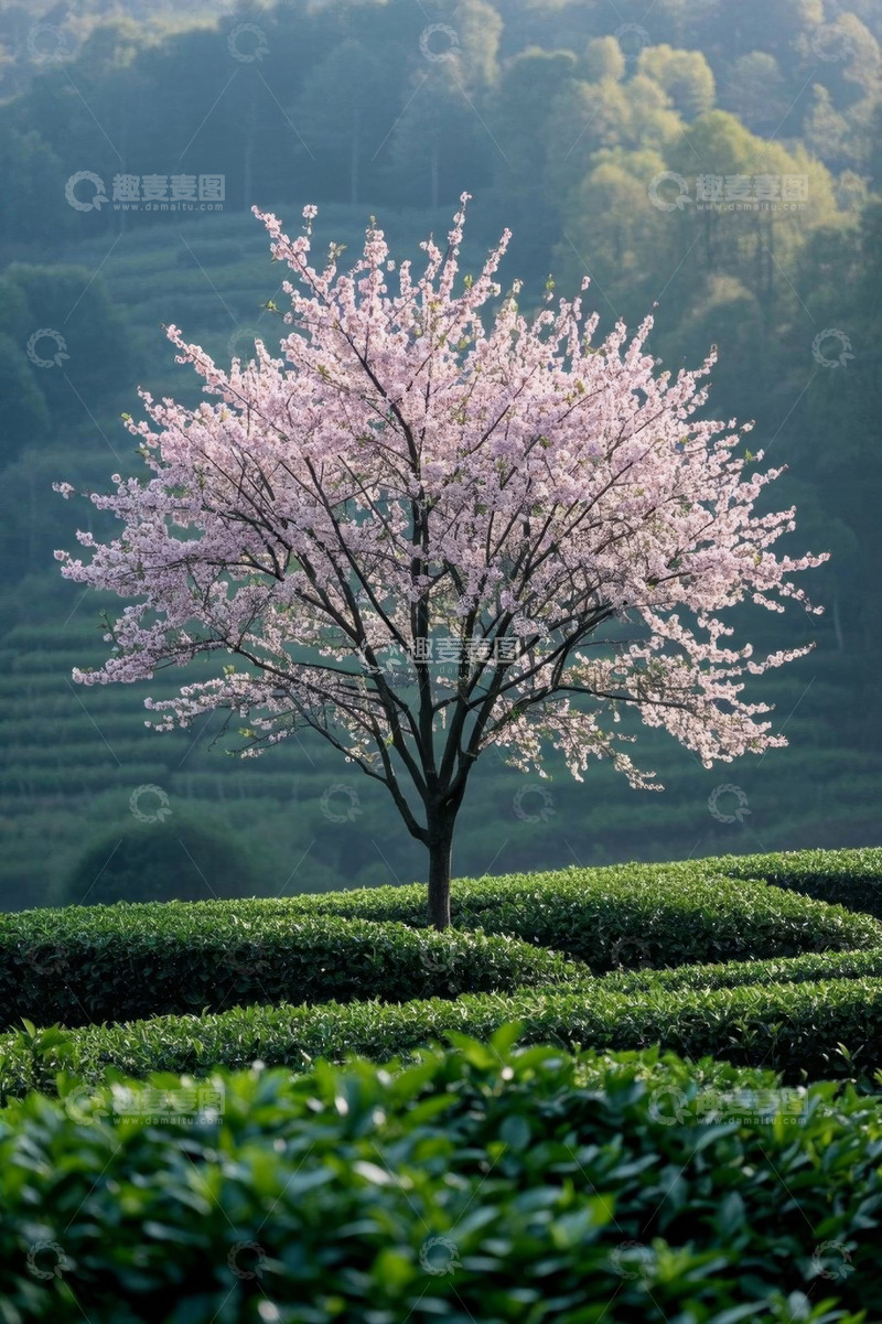 高清大图下载【趣麦麦图】茶园中的盛开樱花树