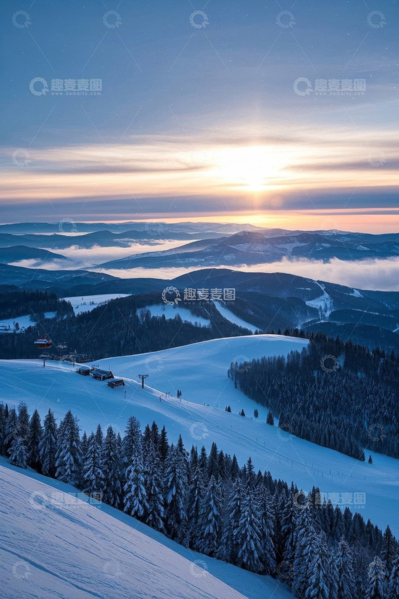 高清大图下载【趣麦麦图】雪山森林日出全景