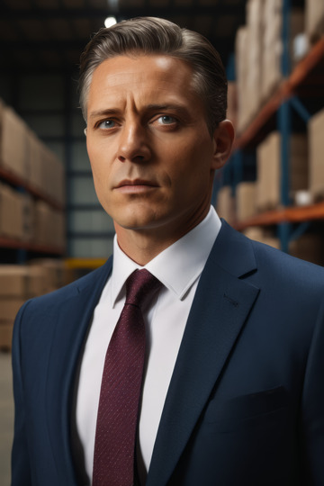 仓库中身着正装的成年男子