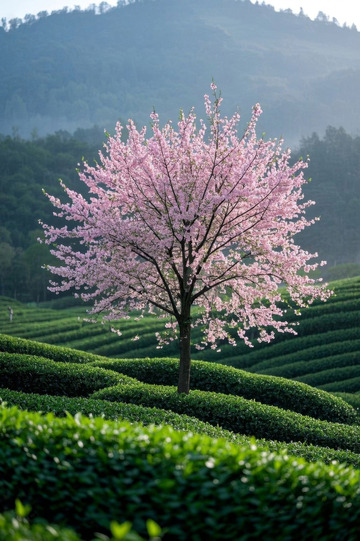 茶园中盛开的粉色樱花树