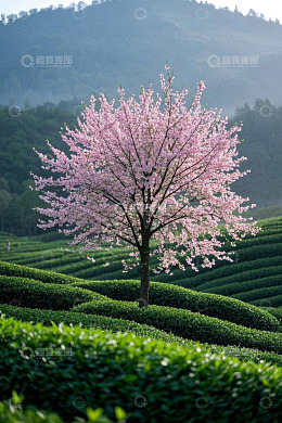 高清大图下载【趣麦麦图】-茶园中盛开的粉色樱花树