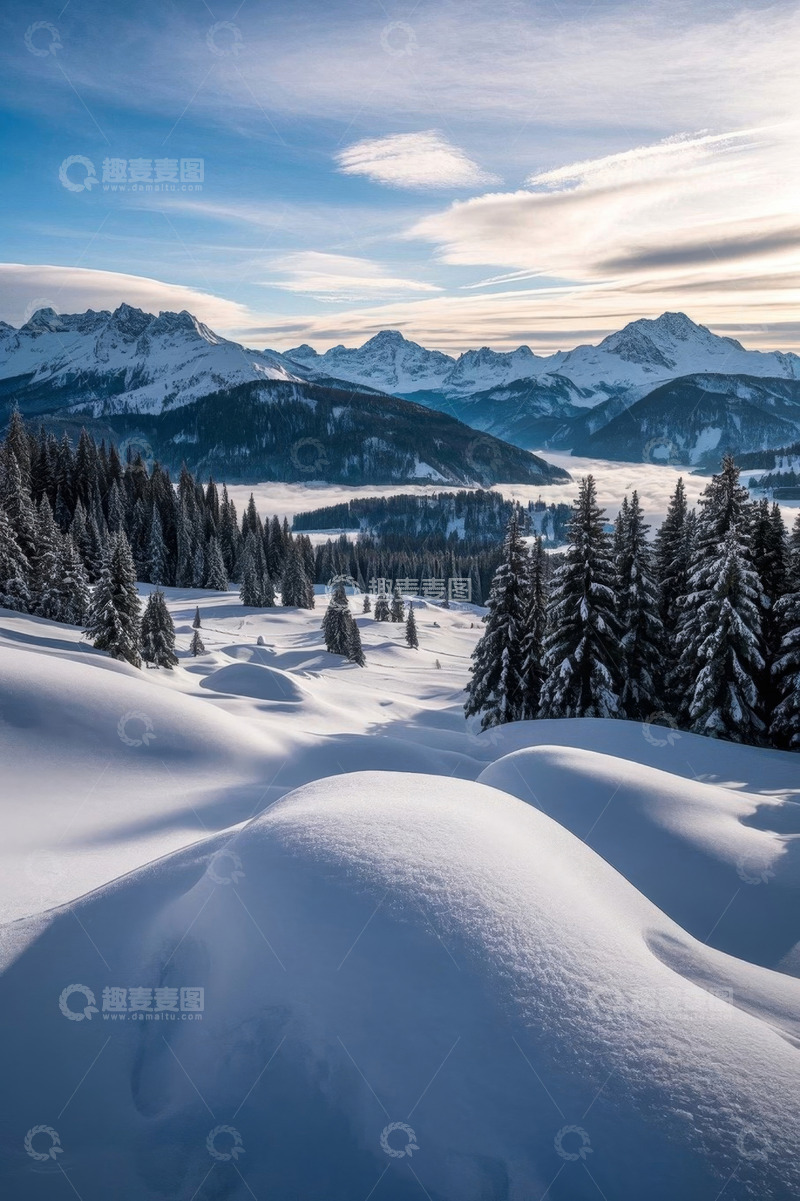 高清大图下载【趣麦麦图】雪山松林冬日自然风光