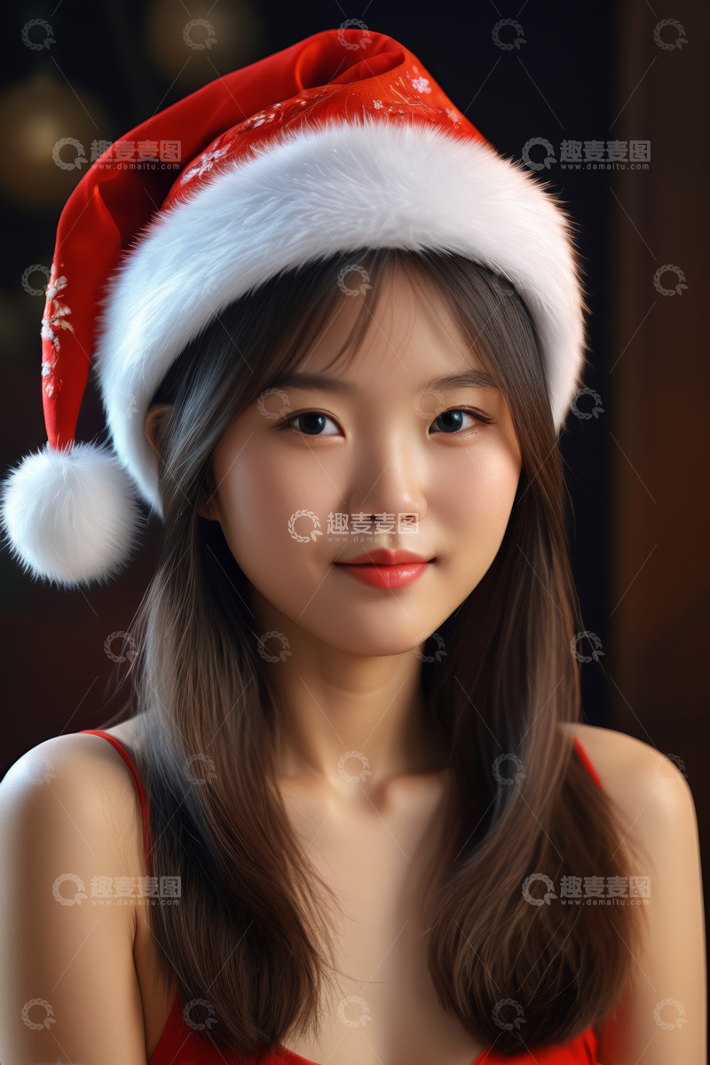 高清大图下载【趣麦麦图】戴圣诞帽的年轻女性肖像