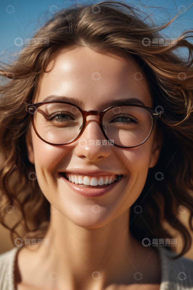 高清大图下载【趣麦麦图】戴眼镜微笑女人的特写