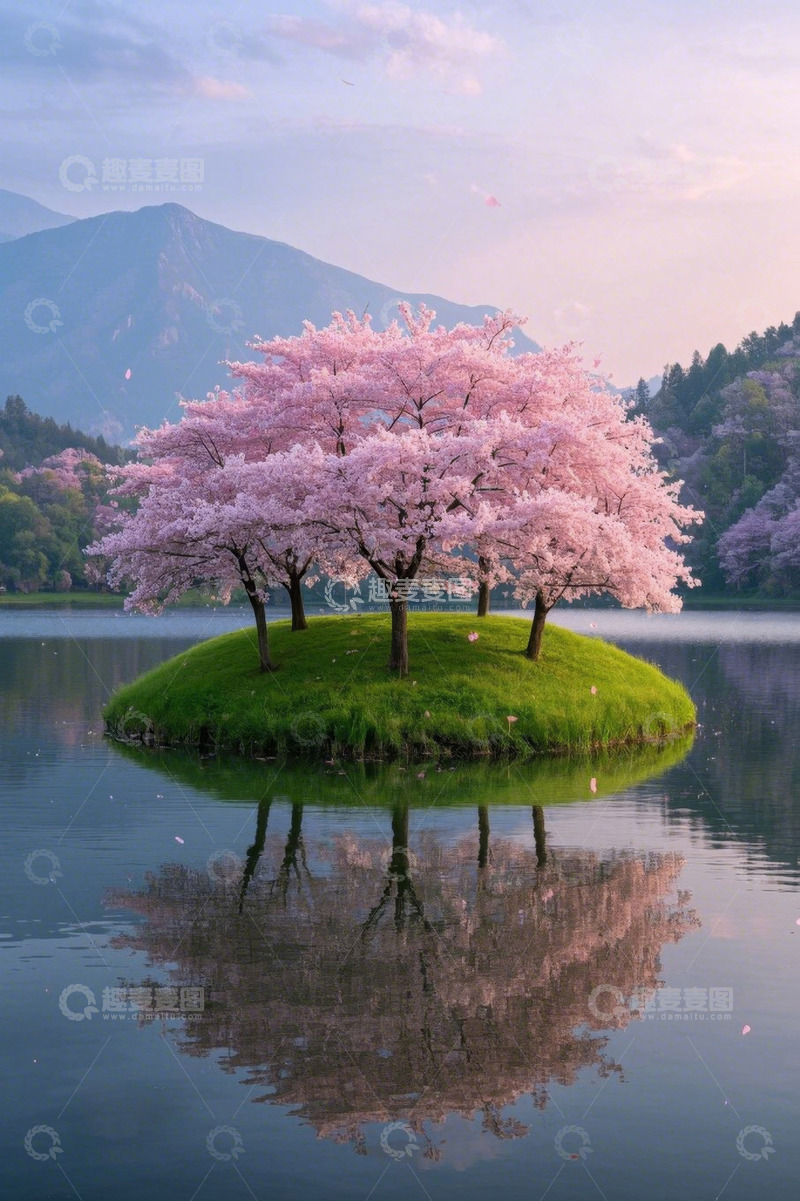 高清大图下载【趣麦麦图】湖中小岛上盛开的樱花树