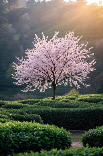 春日茶园中的盛开樱花树