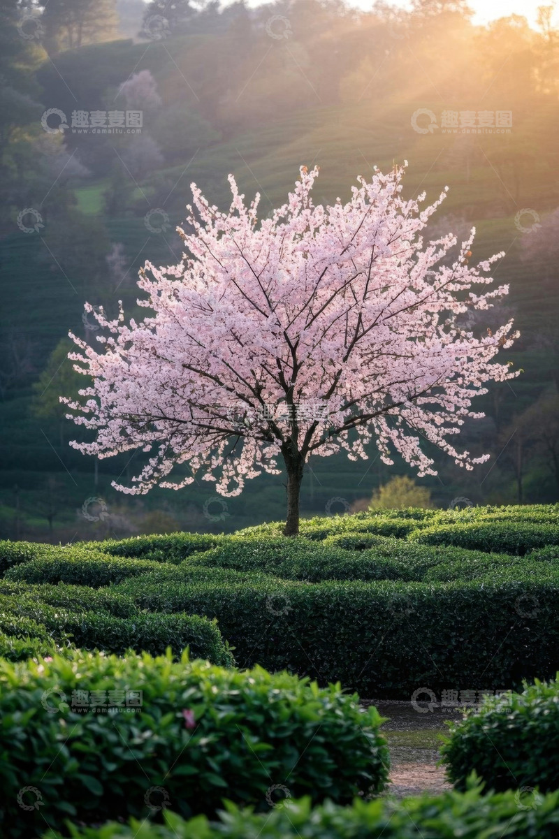 高清大图下载【趣麦麦图】春日茶园中的盛开樱花树
