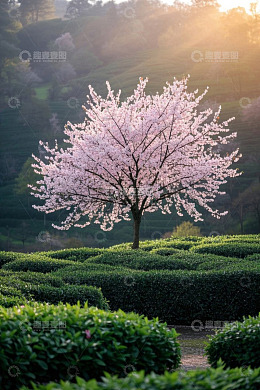 高清大图下载【趣麦麦图】春日茶园中的盛开樱花树