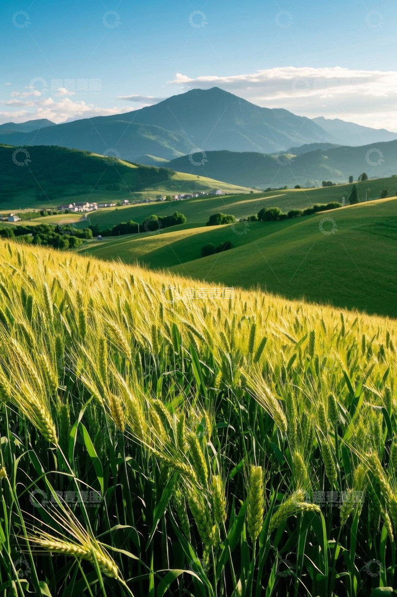 高清大图下载【趣麦麦图】田野间的小麦与远山风景