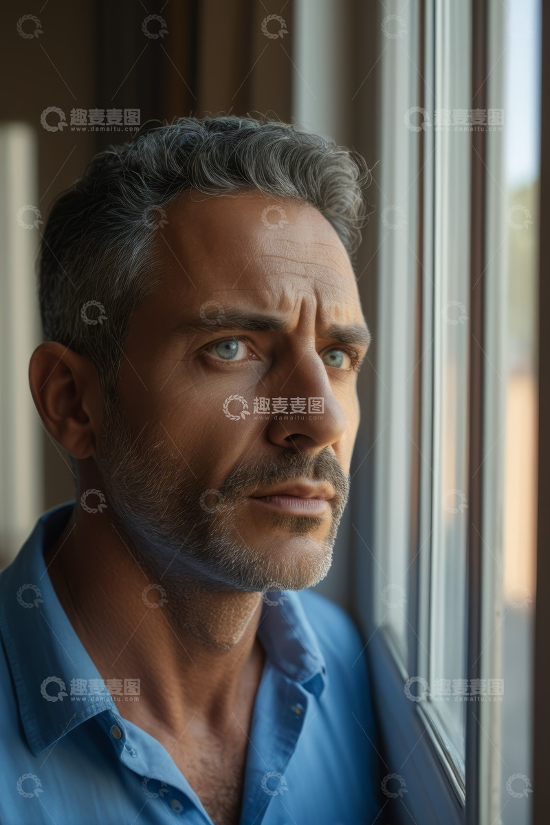 高清大图下载【趣麦麦图】窗边中年男人肖像特写