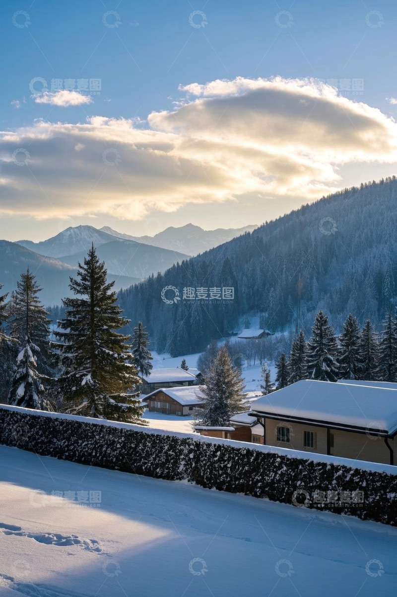 高清大图下载【趣麦麦图】雪后山间村庄风景