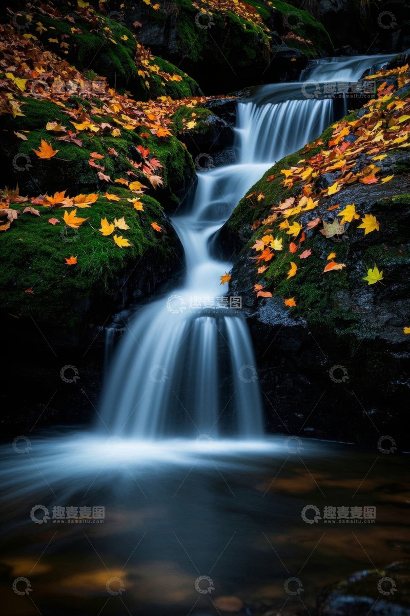 高清大图下载【趣麦麦图】山间秋季溪流小瀑布景象