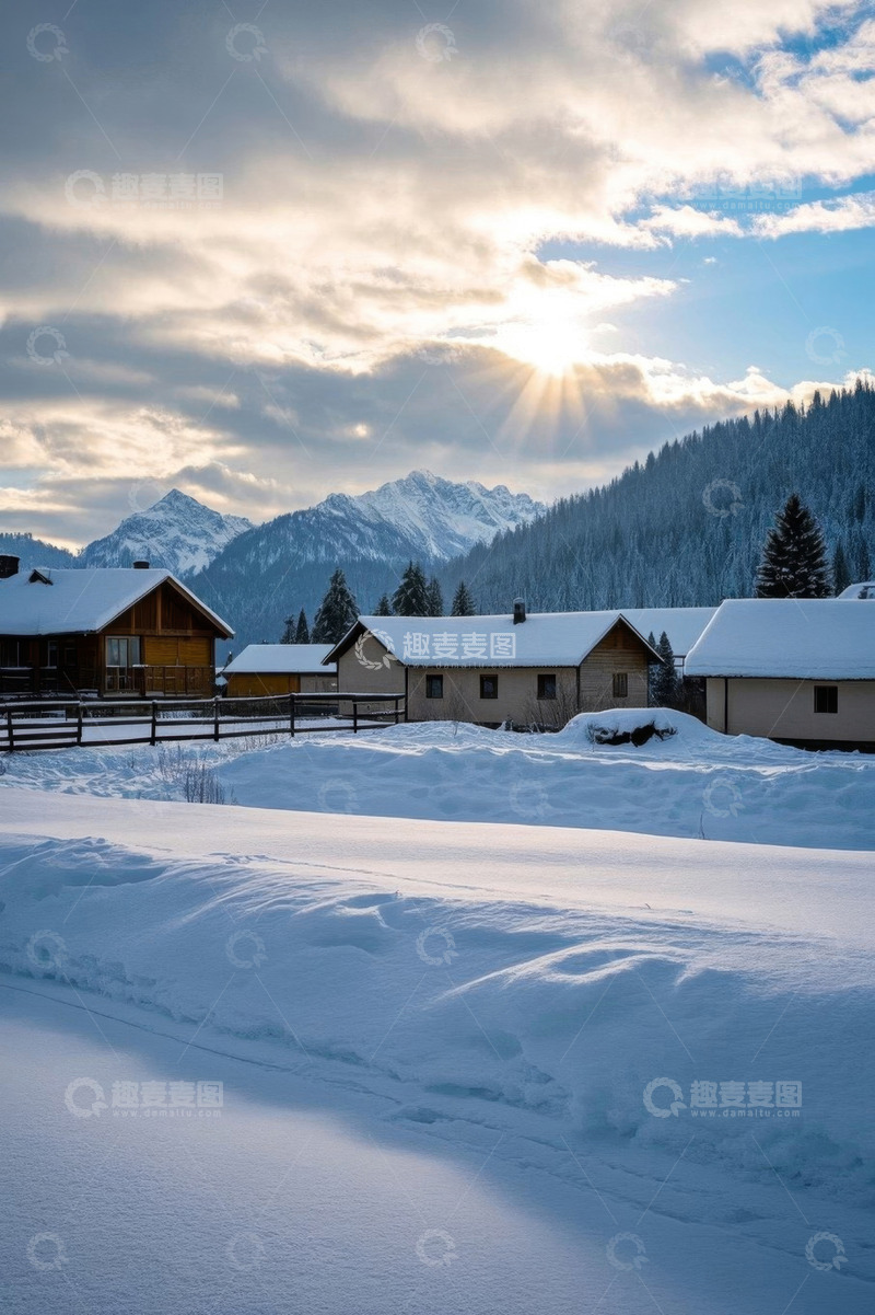 高清大图下载【趣麦麦图】雪后山间木屋与雪景