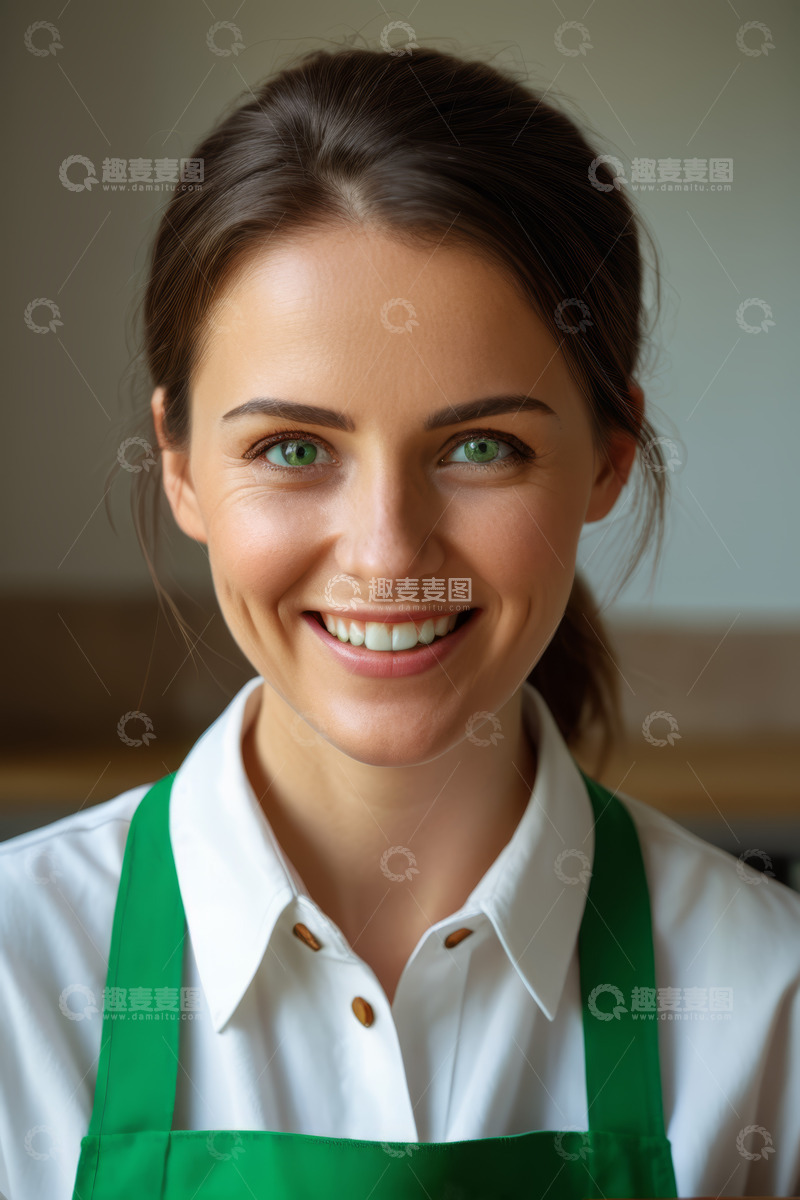 高清大图下载【趣麦麦图】穿围裙微笑的年轻女性肖像