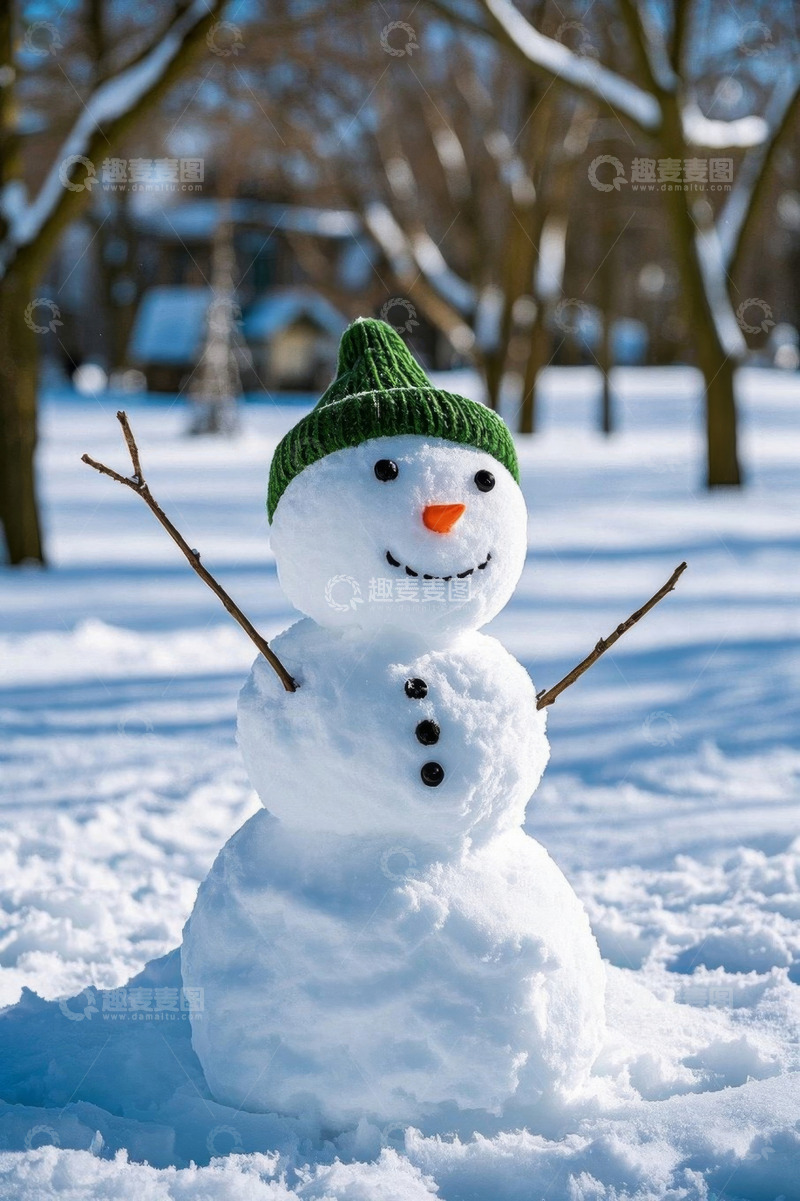 高清大图下载【趣麦麦图】戴绿帽雪人立于雪地中
