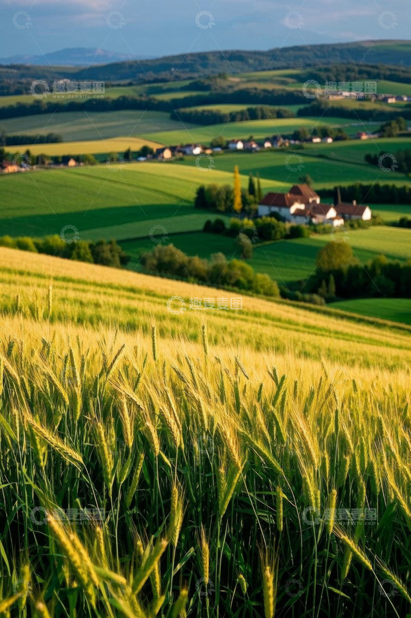 高清大图下载【趣麦麦图】田园麦田与远处村庄景象