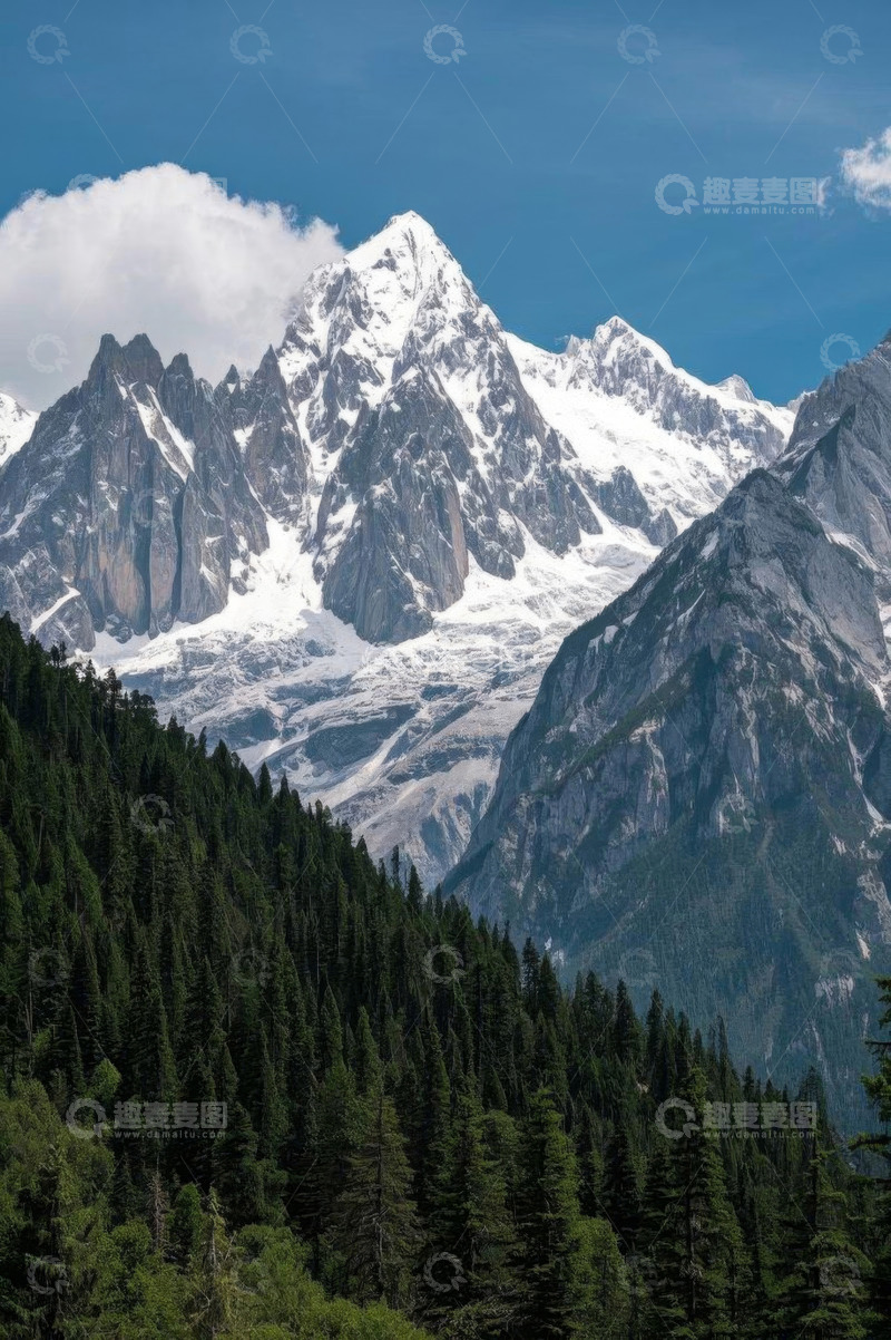 高清大图下载【趣麦麦图】雪山下的茂密森林自然风光