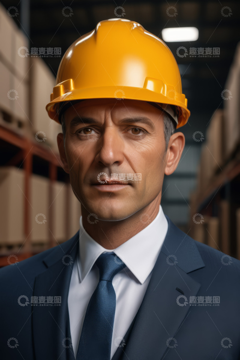 高清大图下载【趣麦麦图】戴安全帽的商务人士仓库特写