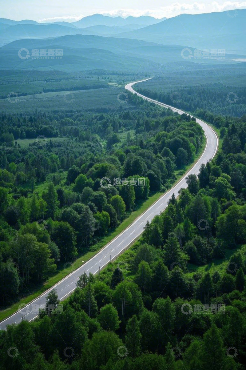 高清大图下载【趣麦麦图】森林中蜿蜒的道路航拍图