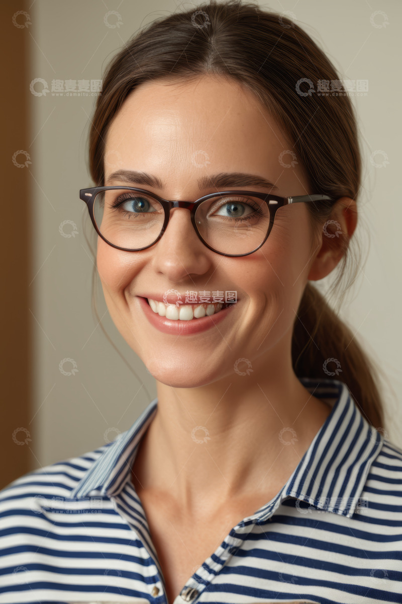 高清大图下载【趣麦麦图】戴眼镜微笑的女性室内肖像
