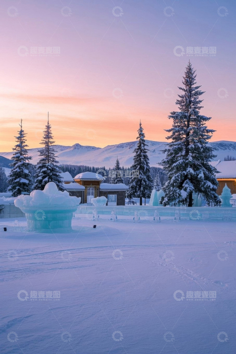 高清大图下载【趣麦麦图】雪景中的冰雕与雪松林景观