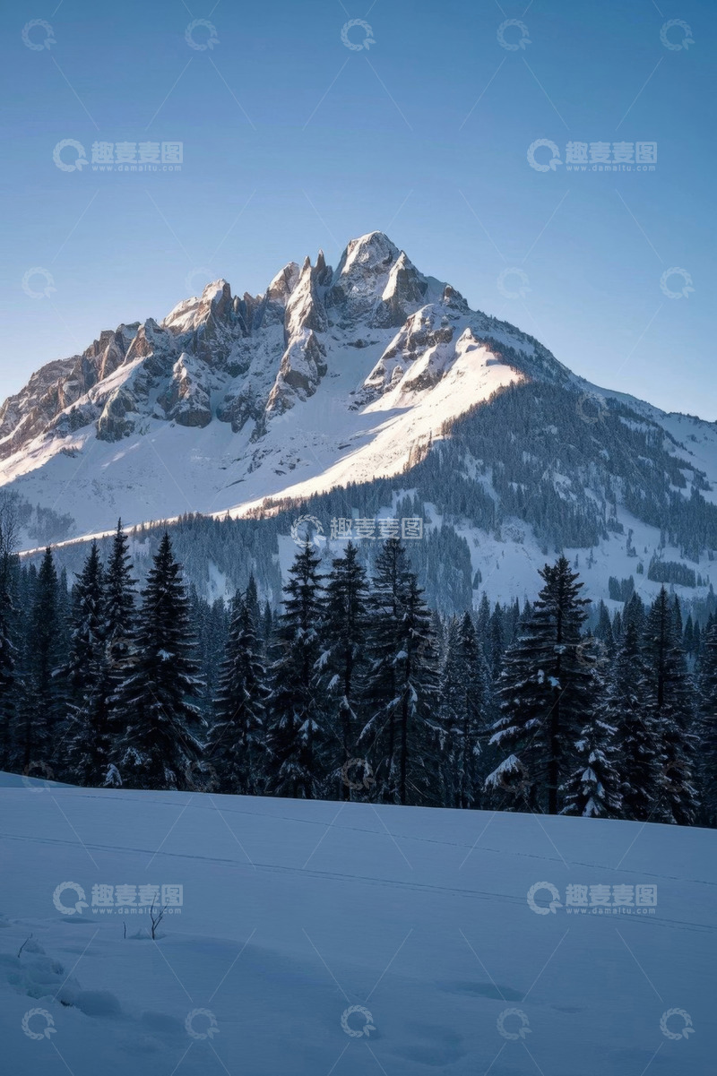 高清大图下载【趣麦麦图】雪后山林覆盖积雪的山峰