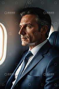 飞机上的商务男士看向窗外