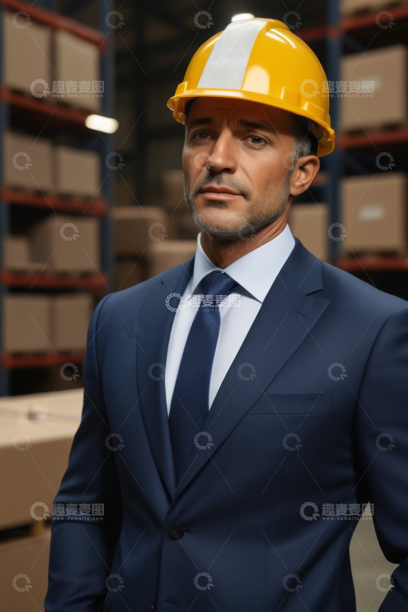 高清大图下载【趣麦麦图】穿西装戴安全帽的男士在仓库