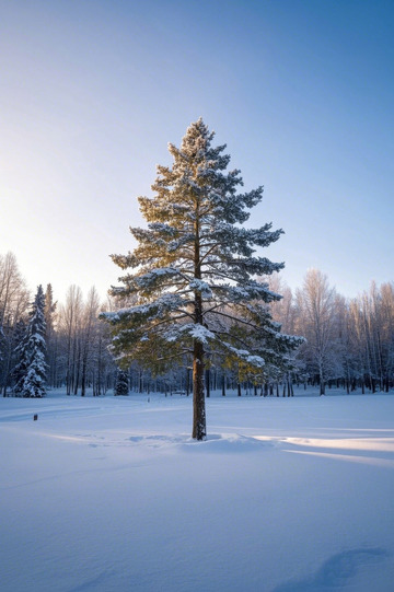 雪地中挺拔的积雪松树